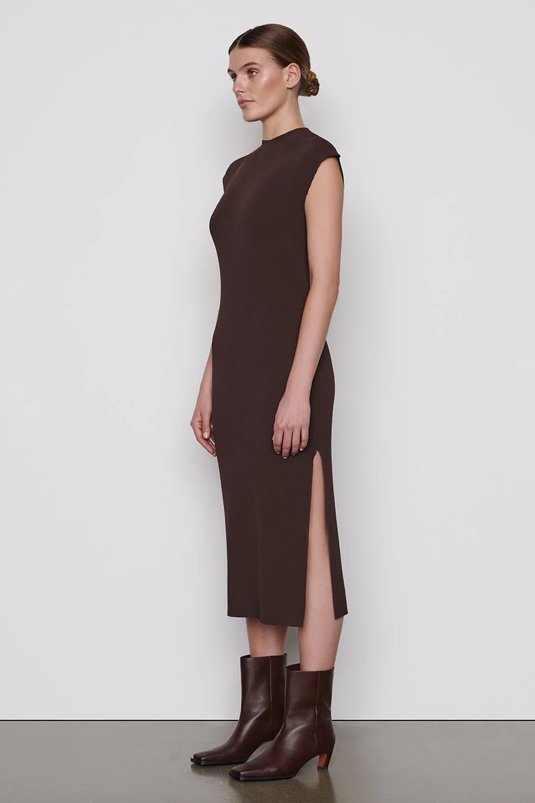 FRAME - Cap Sleeve Rib Dress Mahogany - Image 3