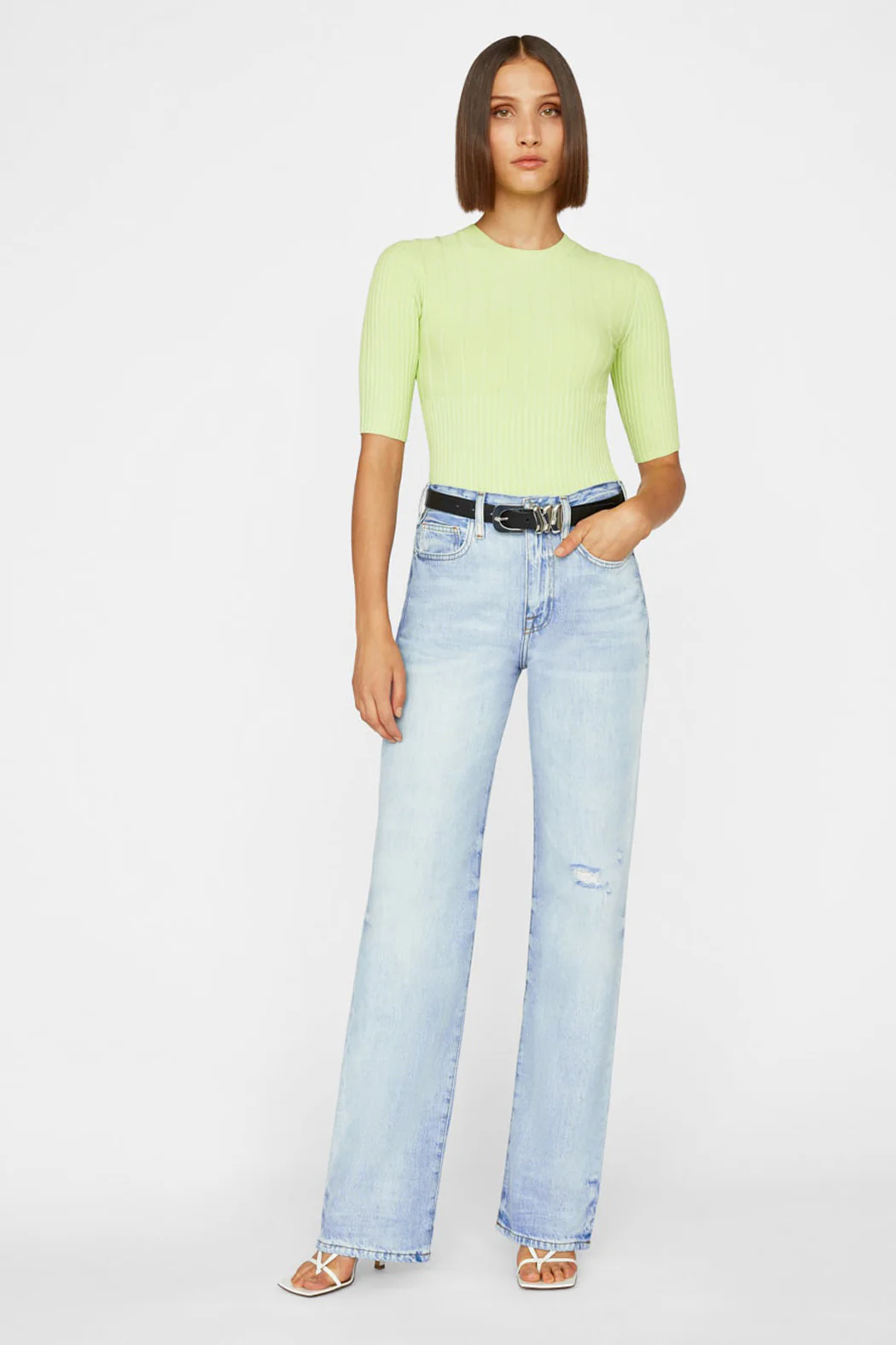 Frame - Mixed Rib Sweater in Bright Lime - Image 2