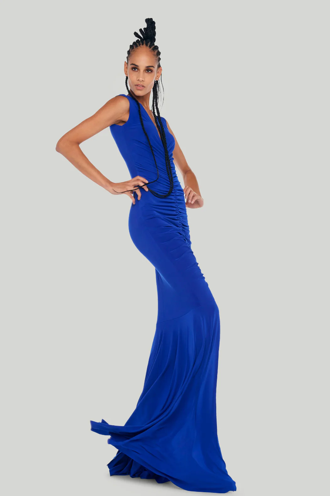 Norma Kamali - Deep V Neck Shirred Fishtail Gown in Electric Blue - Image 3