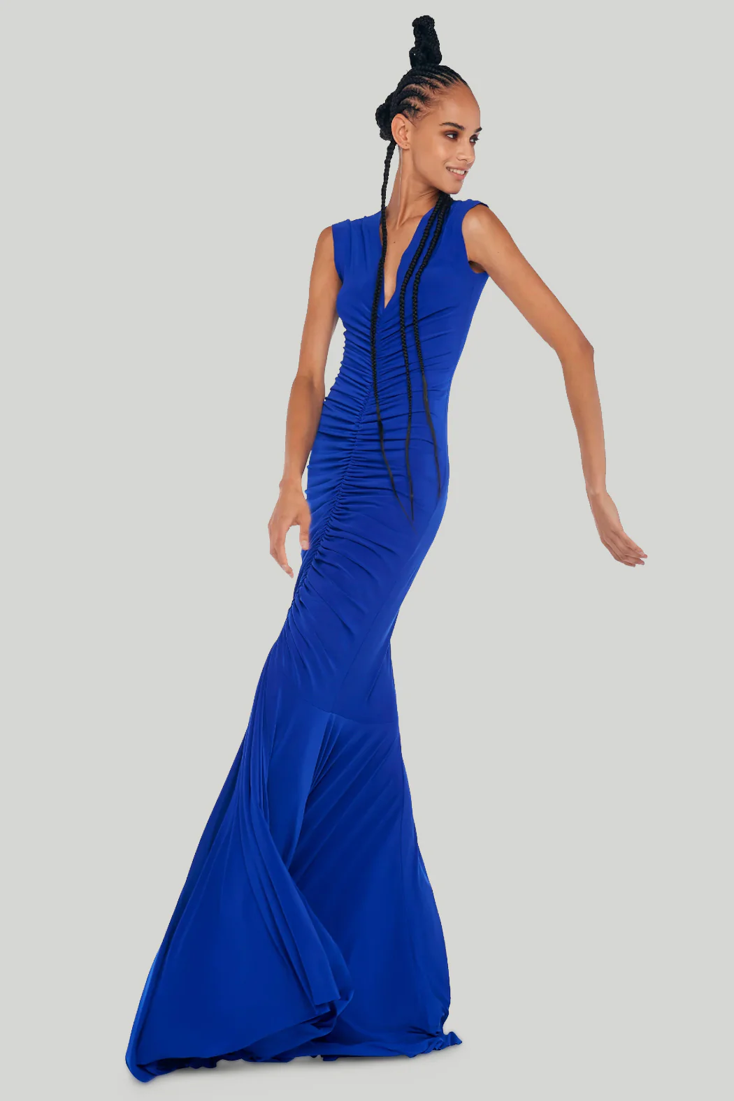 Norma Kamali - Deep V Neck Shirred Fishtail Gown in Electric Blue - Image 4