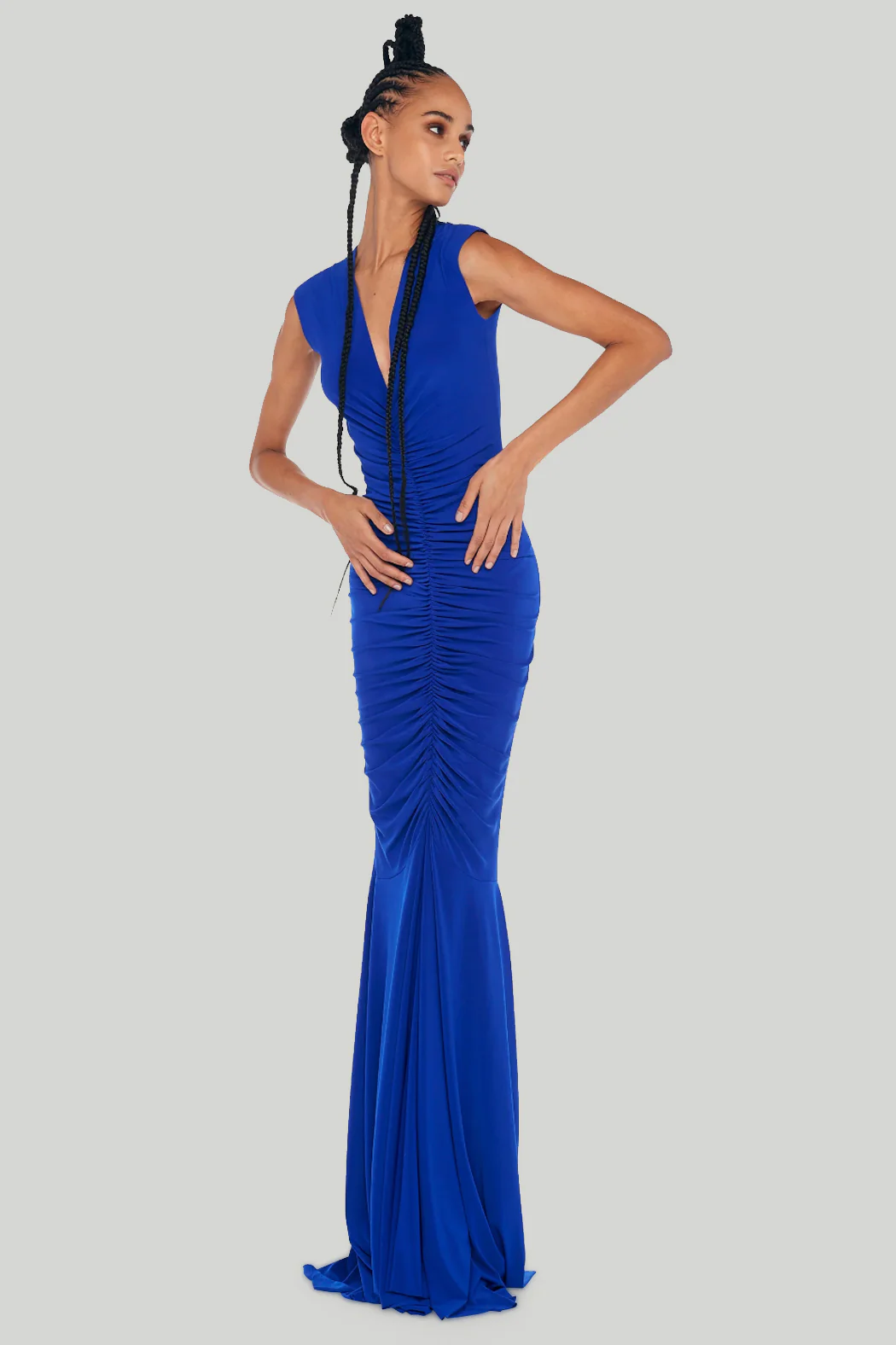 Norma Kamali - Deep V Neck Shirred Fishtail Gown in Electric Blue - Image 5