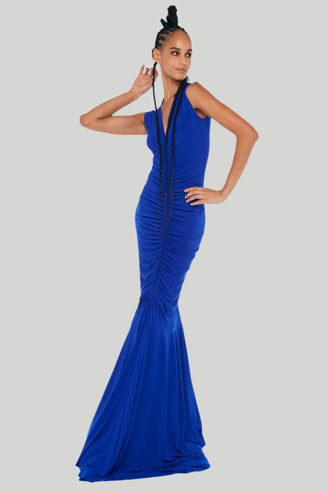 Norma Kamali - Deep V Neck Shirred Fishtail Gown in Electric Blue - Image 6
